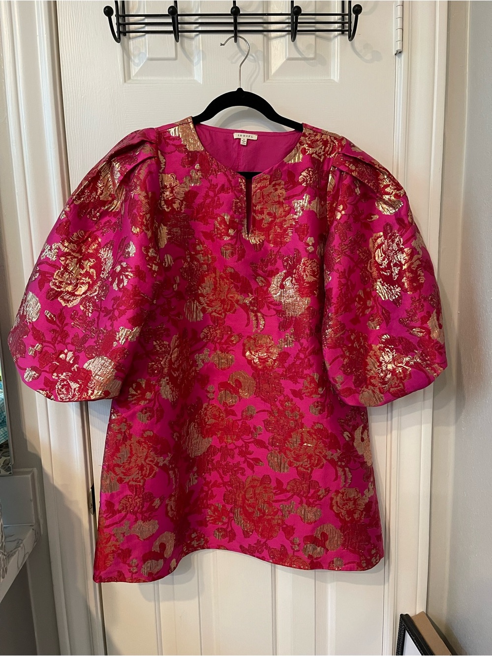 Bright Fuchsia & Gold Brocade Puff Sleeve Dress